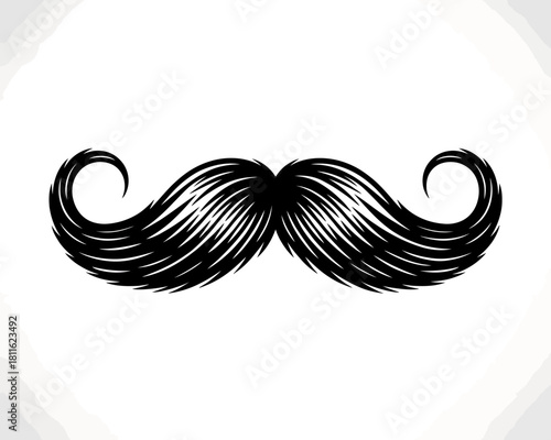 Classic black mustache illustration with curled ends on white background
