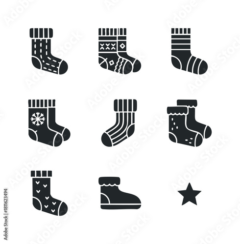 Collection of cozy knitted winter socks and bootie icons featuring various festive patterns perfect for holiday season apparel promotions and warm clothing advertisements