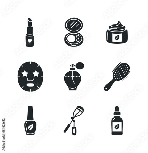 Monochromatic cosmetic and skincare product icons for branding, packaging, and informational displays, offering essential items for personal grooming and facial care routines