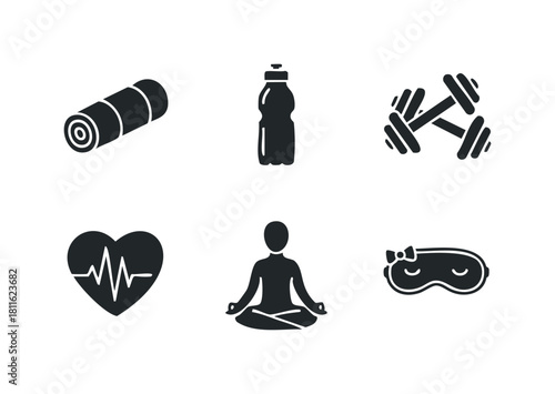 Essential wellness and fitness silhouette icons including a yoga mat, water bottle, dumbbells, heartbeat, meditating figure, and sleep mask, perfect for promoting health and active living