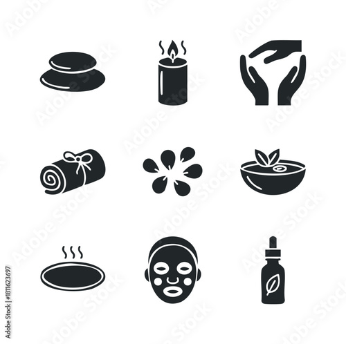 Explore a soothing set of spa and relaxation icons featuring hot stones, scented candles, delicate petals, essential oils, and face masks, ideal for luxury wellness branding.