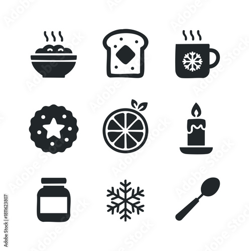 A graphic set featuring warm food, festive treats, and winter symbols suitable for seasonal promotions, recipe blogs, and cozy lifestyle content