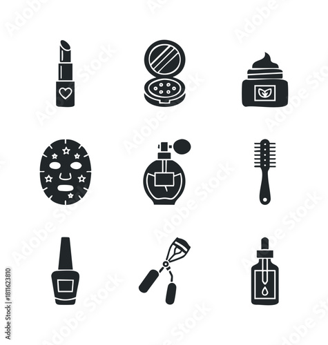 Collection of essential cosmetic and personal care item icons featuring lipstick, compact powder, perfume, face mask, and nail polish, ideal for beauty product branding and wellness related