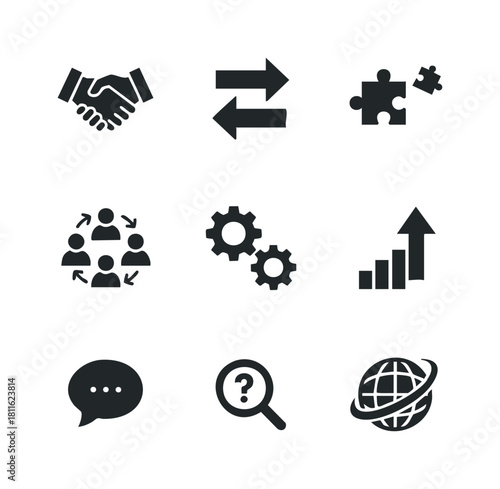 Professional business icons representing concepts like partnership, exchange, solution, teamwork, process, growth, communication, inquiry, and global business for various corporate