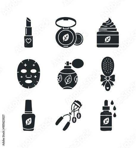 A comprehensive set of natural and organic beauty product icons and skincare symbols presented in a modern glyph style, ideal for digital graphics, print media, and wellness applications.