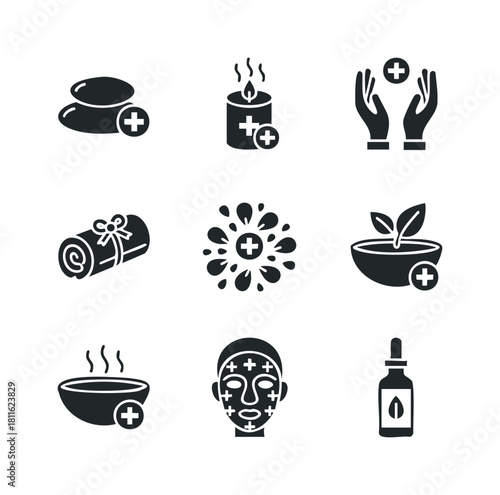 Collection of natural wellness and spa treatment glyph icons with positive symbols for holistic health services, beauty care products, and relaxation therapy applications.