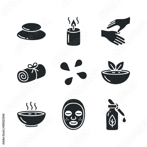 Glyph icons depicting essential spa and wellness elements including hot stones, candle, massage hands, rolled towel, essential oils, face mask, and various bowls, ideal for health and