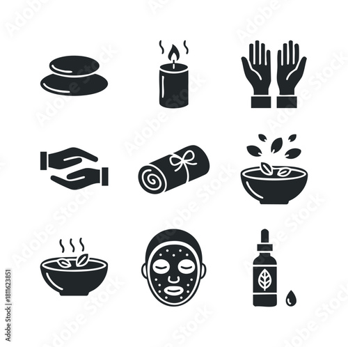 Spa and wellness icons hot stones, burning candle, cupped hands, rolled towel, herbal bowls, facial mask, essential oil bottle perfect for relaxation and beauty treatment promotions.