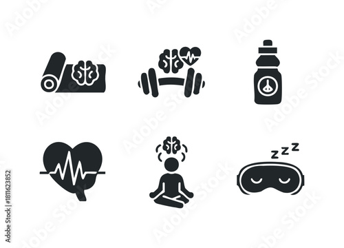 Comprehensive set of health and wellness icons showcasing brain health, exercise, meditation, sleep, and heart care for promoting a balanced lifestyle and wellbeing