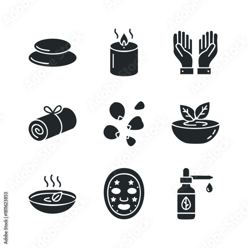 Spa and wellness glyph icons collection depicting elements of relaxation and selfcare for therapeutic services, beauty product branding, and health promotions