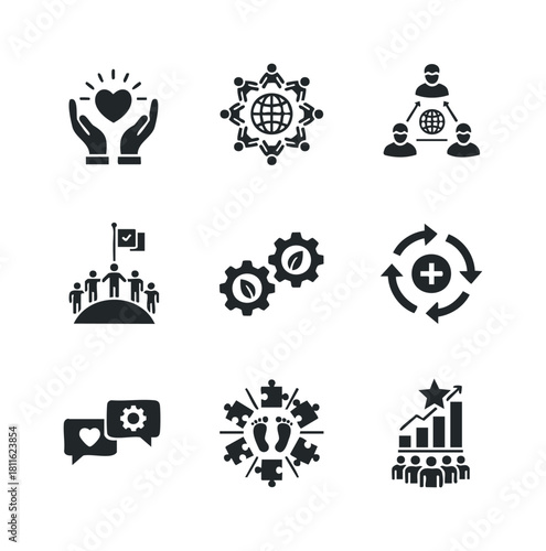 Collection of business and social concept icons representing global teamwork, environmental sustainability, growth achievement, and effective communication useful for corporate
