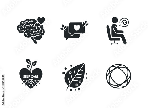 Glyph icons for mental health and self care featuring brain, heart, therapy, communication, nature, and growth, ideal for wellness applications and psychology resources.