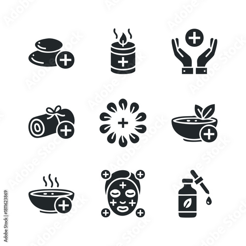 A curated set of glyph icons representing spa and wellness essentials including massage stones, aromatic candles, herbal bowls, facial masks, and essential oils, suitable for health,