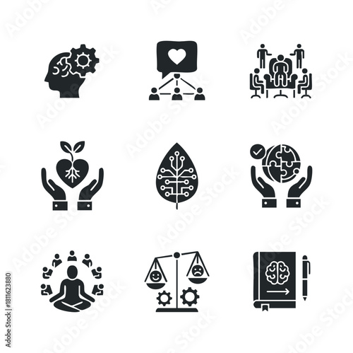 Modern silhouette icons depicting concepts of mental wellbeing, social connection, cognitive development, emotional balance, and sustainable solutions for psychological articles,