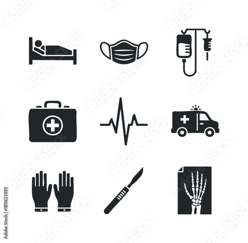 A comprehensive collection of essential medical healthcare icons representing hospital care, emergency services, surgical procedures, and diagnostic tools for healthrelated applications