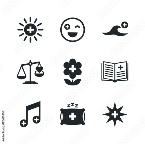 Essential symbols representing holistic wellbeing and positive lifestyle elements for a variety of health and happiness related branding or informational projects