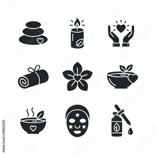 A collection of spa and wellness glyph icons for relaxation and selfcare featuring natural elements and beauty treatments perfect for holistic health product branding or mindful lifestyle