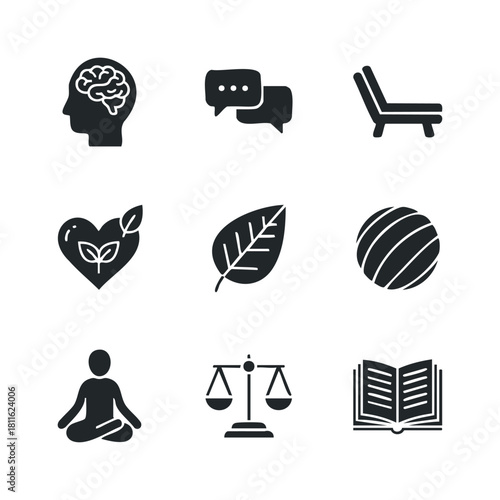 A comprehensive collection of silhouette icons representing wellbeing, mindfulness, communication, nature, education, and justice for lifestyle and informational applications