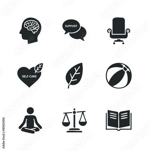 A collection of wellness icons illustrating mental health, emotional support, selfcare practices, relaxation, learning, and overall wellbeing for digital and print media applications.