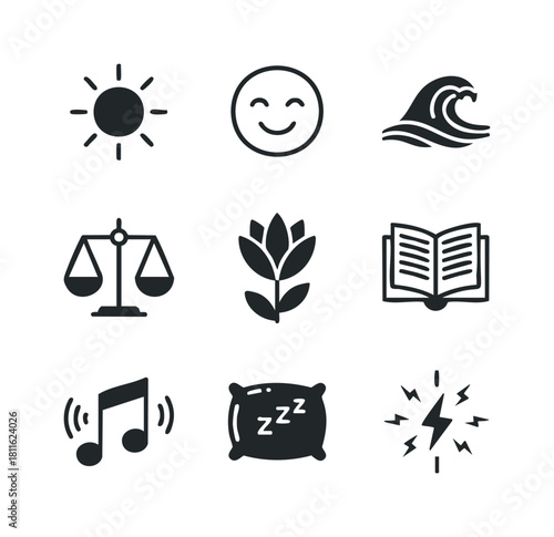 Essential minimalist glyphs featuring symbols for sun, happiness, ocean, balance, nature, reading, melody, rest, and power for digital and print applications
