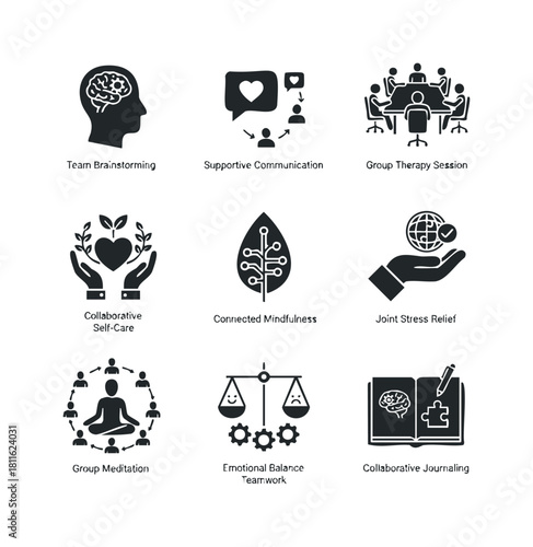Essential icons illustrating mental wellbeing, supportive communication, effective team collaboration, stress relief, and selfcare strategies for health and business applications.