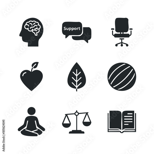 Collection of black silhouette icons for mind, communication, work, healthy food, nature, fitness, meditation, justice, and knowledge, useful for holistic wellness and learning topics