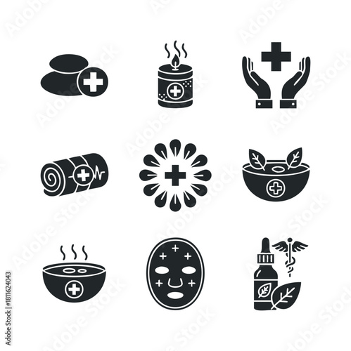 Comprehensive set of health wellness and medical care icons featuring therapeutic symbols for spa treatment, natural remedies, and self care applications
