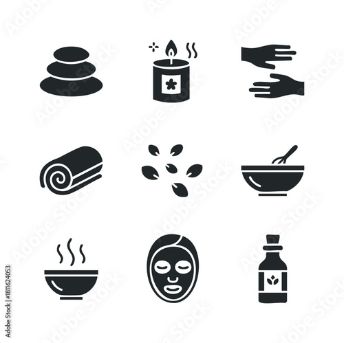 Collection of spa and wellness icons representing relaxation treatments and natural products for holistic health and selfcare concepts