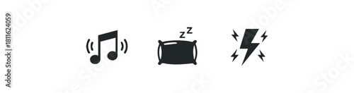 Versatile icon set representing music, sleep, and energy, ideal for integration into diverse digital platforms like web interfaces, mobile applications, and conceptual presentations.