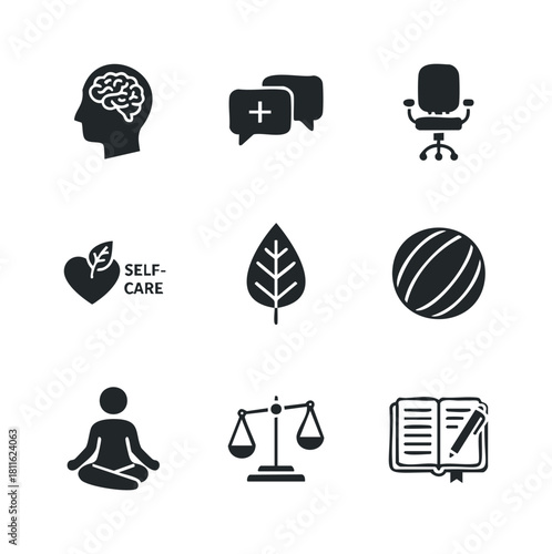 Collection of wellness and selfcare icons depicting mental health, work life balance, physical activity, nature, and communication for modern lifestyle and health related projects