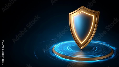 Futuristic gold shield icon delivering ultimate data security and digital protection. concept of advanced defense technology for complete safety on glowing platform