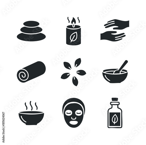 Essential spa and relaxation icons featuring hot stones, aromatic candle, skincare treatments, and natural elements, perfect for illustrating therapy and wellness services.