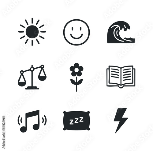 Various essential glyphs representing natural phenomena, abstract concepts, learning, and relaxation, perfect for graphic user interfaces, web illustrations, and mobile app development.