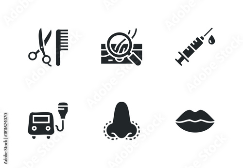 Professional icons for aesthetic treatments and personal grooming featuring a comb, scissors, skin inspection, syringe, fuel pump, nose rhinoplasty, and lip augmentation for clinic