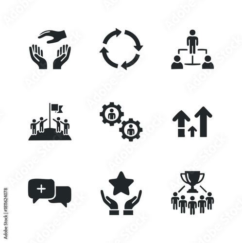 A comprehensive collection of business icons representing teamwork, leadership, achievement, continuous improvement, communication, and quality for various corporate presentations and