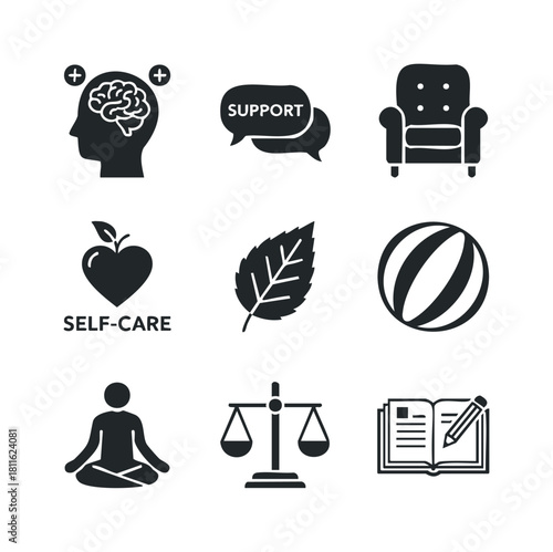 A comprehensive collection of wellbeing and mental health icons depicting selfcare practices, relaxation, support, and personal growth for lifestyle blogs and health advertisements.