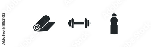 Essential fitness equipment icons including a yoga mat, a dumbbell, and a water bottle, perfect for illustrating health club services, sports applications, and wellness marketing materials