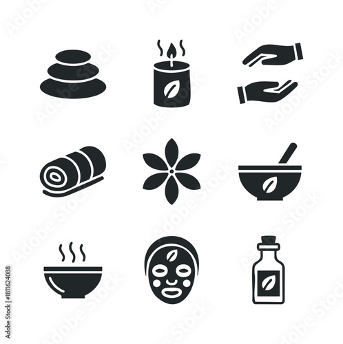 Comprehensive collection of wellness icons illustrating spa treatments, natural health, relaxation, and selfcare for diverse applications in health, beauty, and therapy industries.