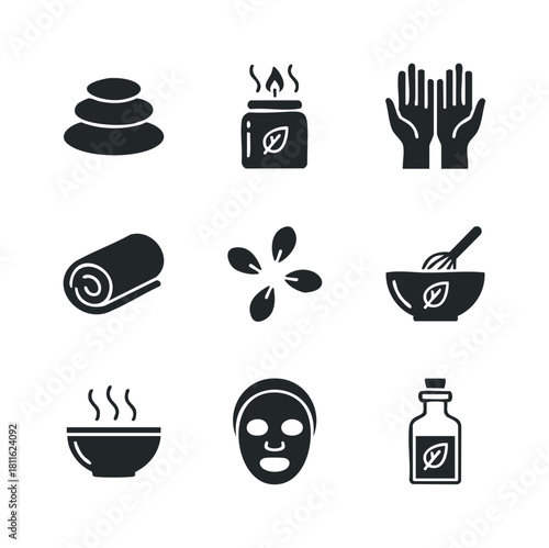 A cohesive collection of spa and wellness icons depicting relaxation and natural treatments, perfect for health and selfcare promotions, holistic remedy packaging, or serene lifestyle