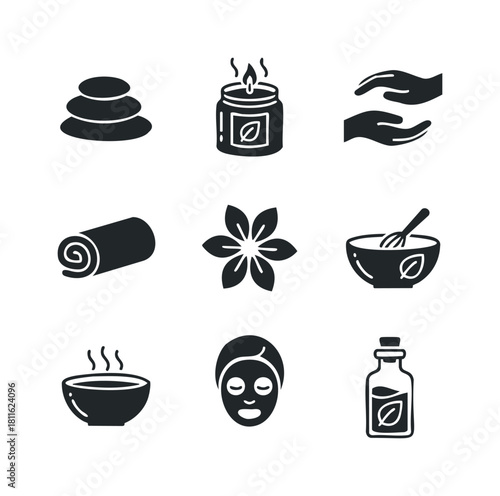 A collection of monochromatic spa and wellness icons including massage stones, aromatherapy candle, essential oil, treatment mask, and relaxation elements perfect for health and skincare