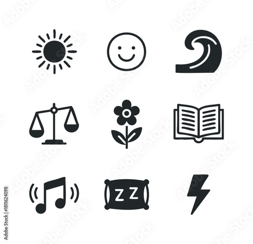 A collection of essential universal black and white pictograms representing various aspects of nature, emotion, justice, knowledge, relaxation, music, and energy suitable for web interfaces