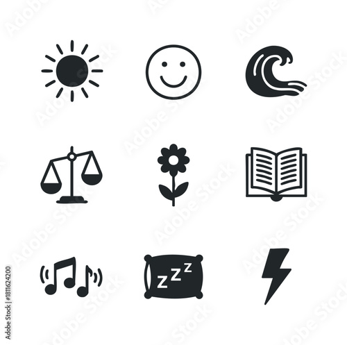 A modern collection of minimalist black glyph icons for common concepts like sun, happiness, nature, justice, knowledge, music, relaxation, and energy, suitable for web and app interfaces.