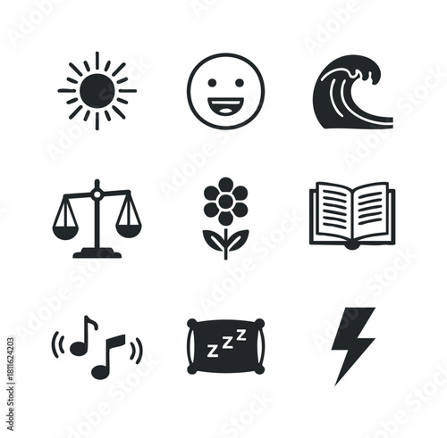 A comprehensive collection of diverse black and white glyph icons representing sun, happiness, nature, justice, knowledge, sound, rest, and energy for universal digital and print graphic