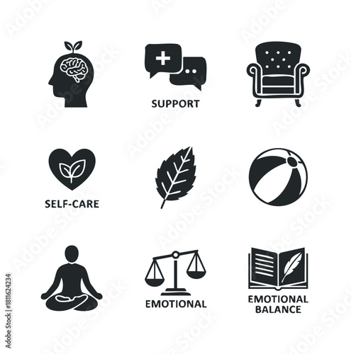 Comprehensive collection of essential icons illustrating mental wellness, personal development, psychological support, and selfcare practices for modern health and lifestyle promotion