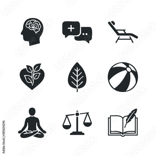 Comprehensive collection of various lifestyle icons including mental wellness, nature, communication, relaxation, balance, meditation, and education concepts for diverse applications