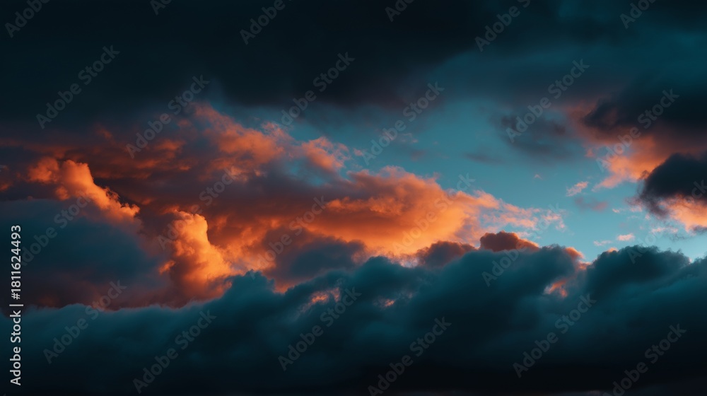 Obraz premium Cinematic view of a moody sky featuring dark heavy storm clouds illuminated by vibrant orange sunlight at dusk. Atmospheric nature background.