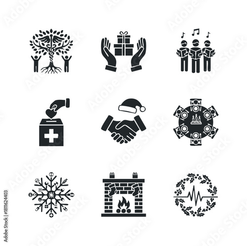 A diverse collection of icons representing health, community, holidays, giving, celebration, and wellness, ideal for seasonal campaigns, charitable organizations, and festive event