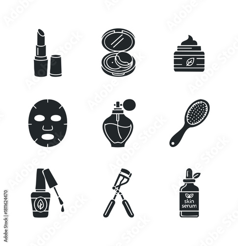Professional set of minimal black silhouette icons representing essential cosmetics and personal grooming products, perfect for modern beauty applications, web interfaces, and product