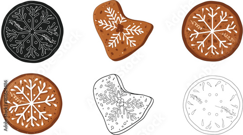 Set of six gingerbread cookies with snowflake icing decoration