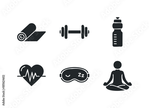A comprehensive collection of wellbeing and fitness related black glyph icons including exercise equipment, heart health monitoring, sleep support, and meditation practices for various